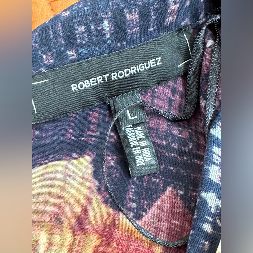Robert Rogriguez floral sheer dark‎ blue chiffon blouse size Large - Picture 5 of 8